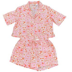 Sigrid Olsen Sleepwear Pajamas Set Small Pink Orange Beach Shorts Collar Button